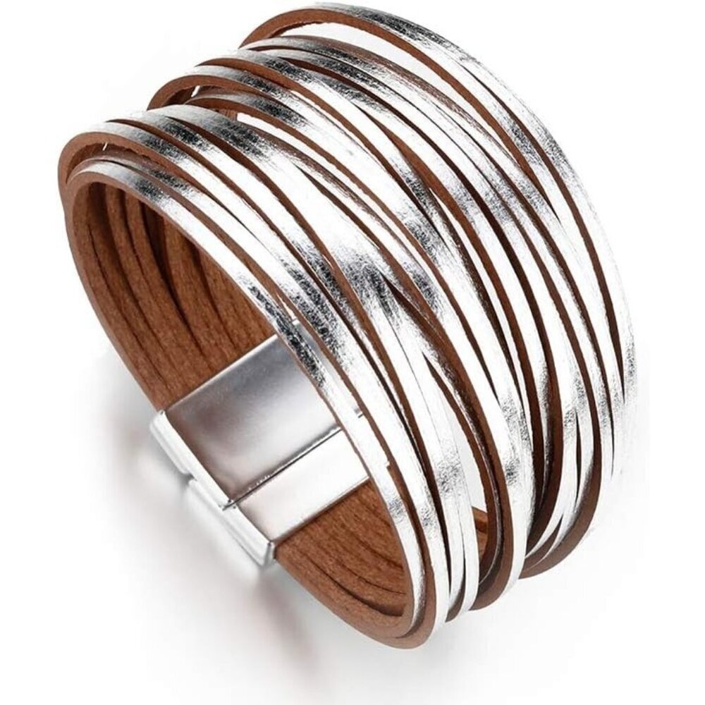 Women's Silver Leather Wrap Boho Leopard Multi Layer Crystal Beads Cuff Bracelet